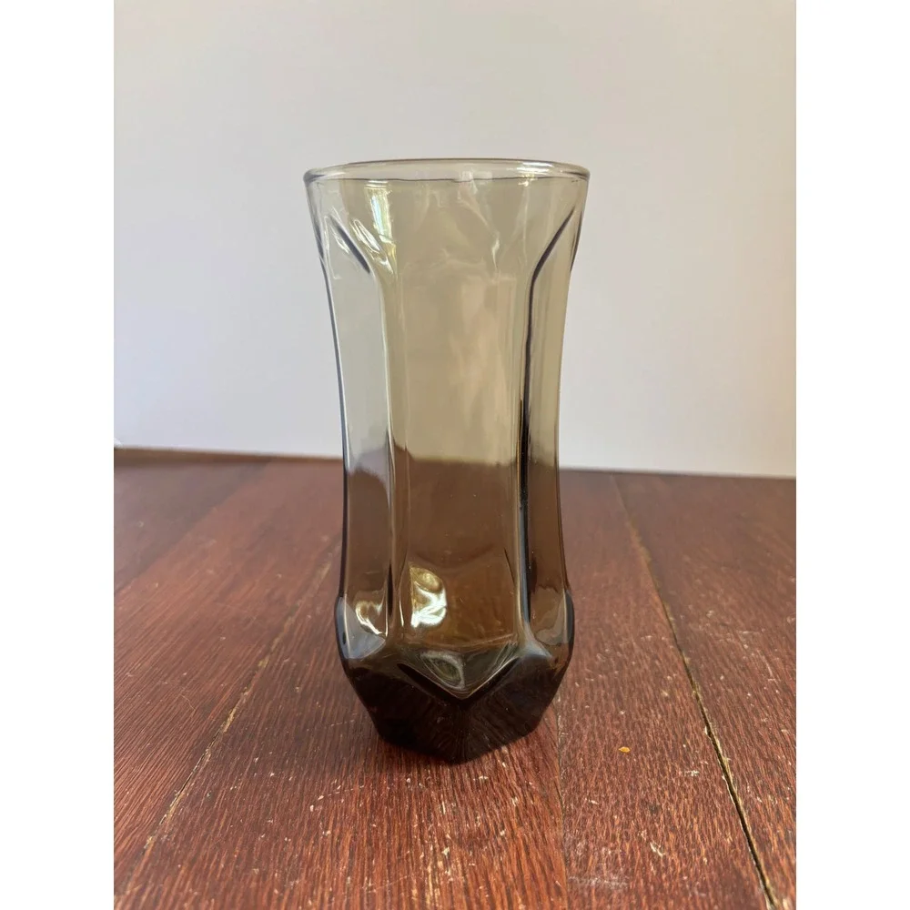 Vintage Smoky Brown Glass Bud Vase Hexagonal Base Mid Century Modern 6.5 Inch